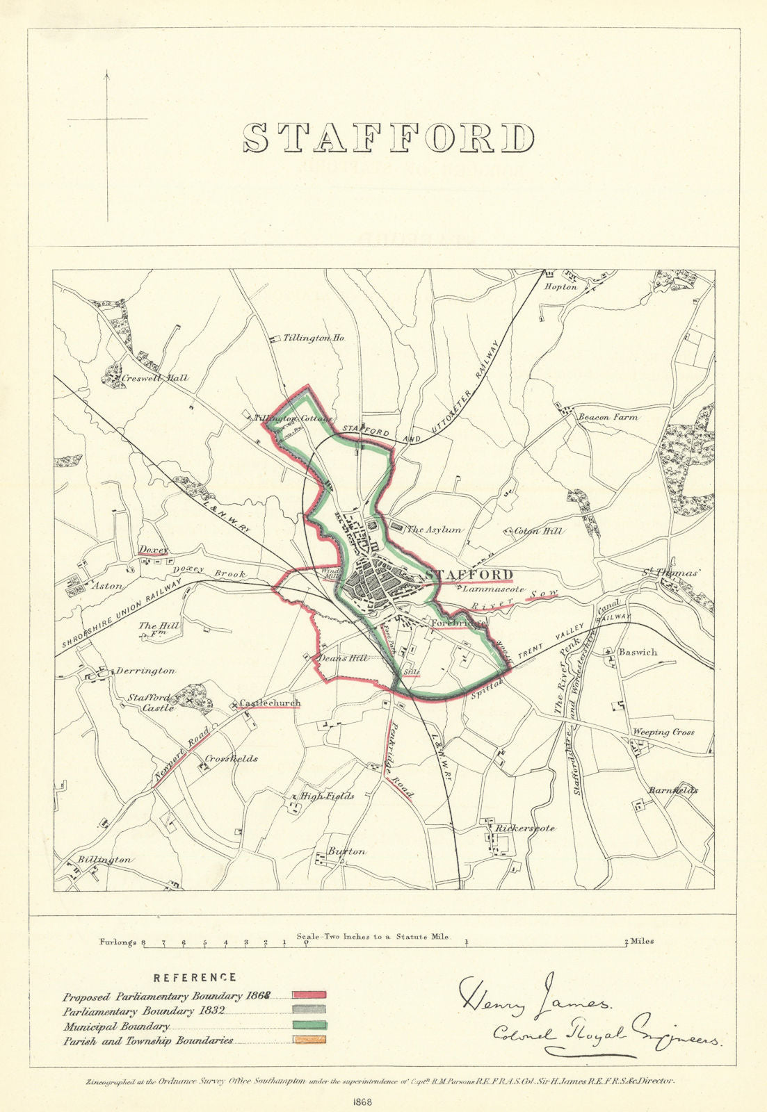 Stafford, Staffordshire. JAMES. Parliamentary Boundary Commission 1868 old map